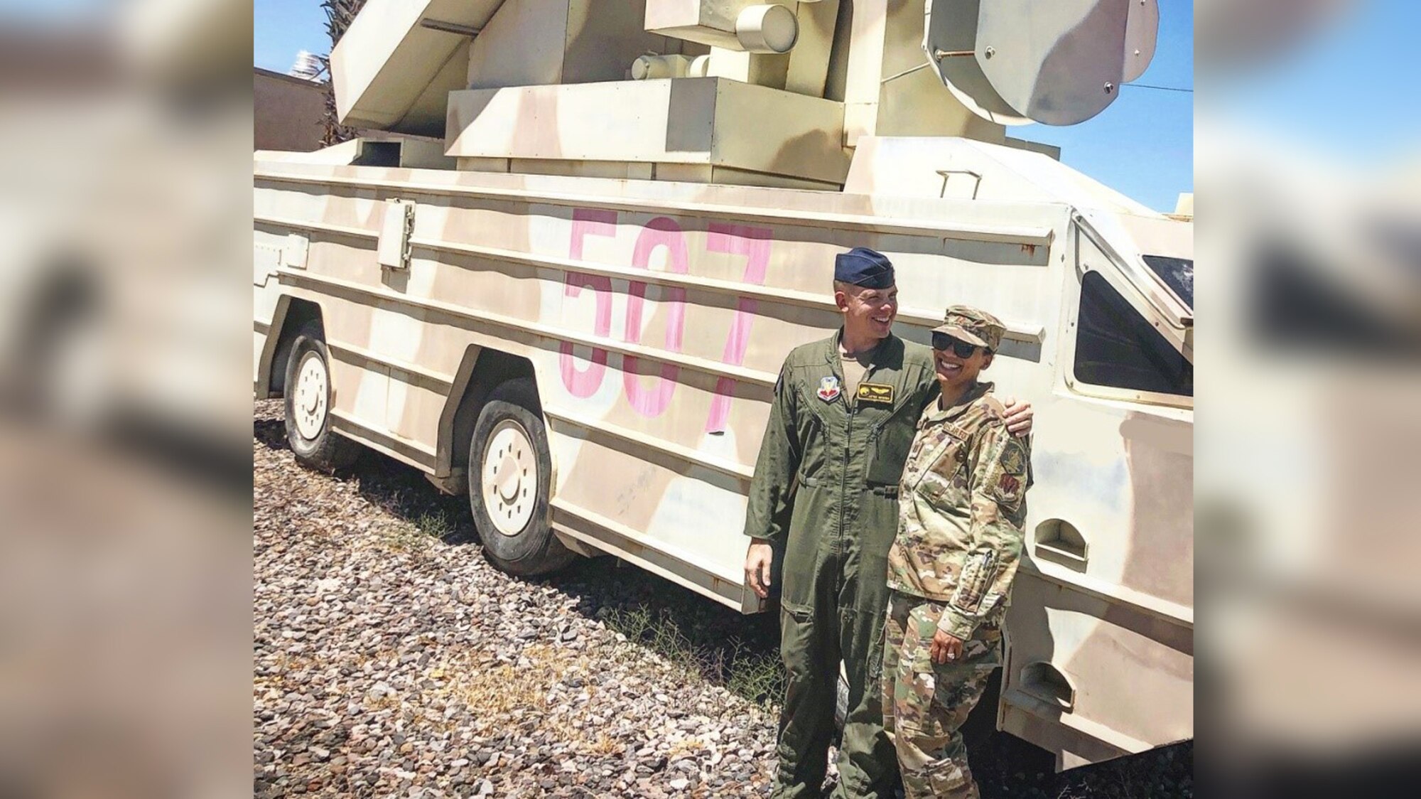 Captain Mowery and Captain Purvis pose in front of an SA-8 of the 507th ADAS before boarding their flight to Amman, Jordan