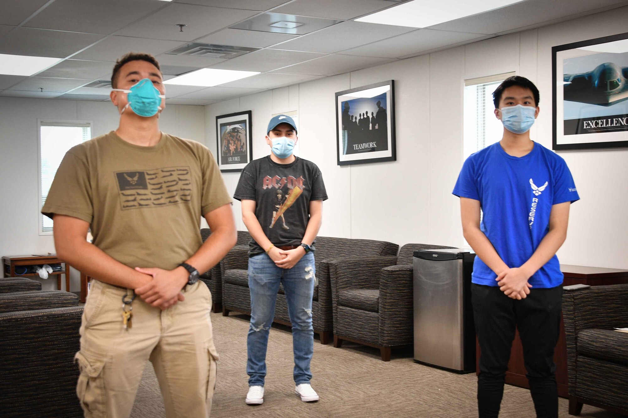 Three future Airmen out-process prior to heading to basic military training at the wing's force support squadron office at U.S. Naval Air Station Joint Reserve Base Fort Worth, Texas on July 28, 2020. Whether it is looking for sharp and dedicated Airmen to join the recruiting squadron or finding future Airmen to answer the nation’s call in all career fields, the Recruiting Squadron helps the 301st Fighter Wing accomplish its mission—to train and deploy combat-ready Airmen.  (U.S. Air Force photo by Jeremy Roman)