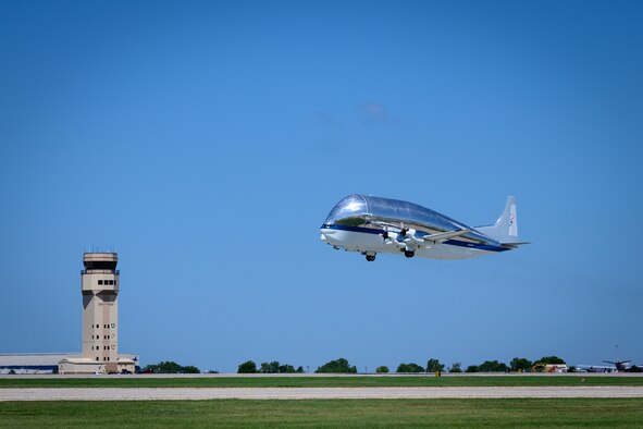 NASA’s Super Guppy takes off Aug. 11, 2020, at McConnell Air Force Base, Kansas. The Super Guppy’s cargo area is 25 feet wide, 25 feet tall and 111 feet long, enabling the aircraft to carry items that might otherwise be impossible to ship via land or sea. (U.S. Air Force photo by Senior Airman Michaela R. Slanchik)
