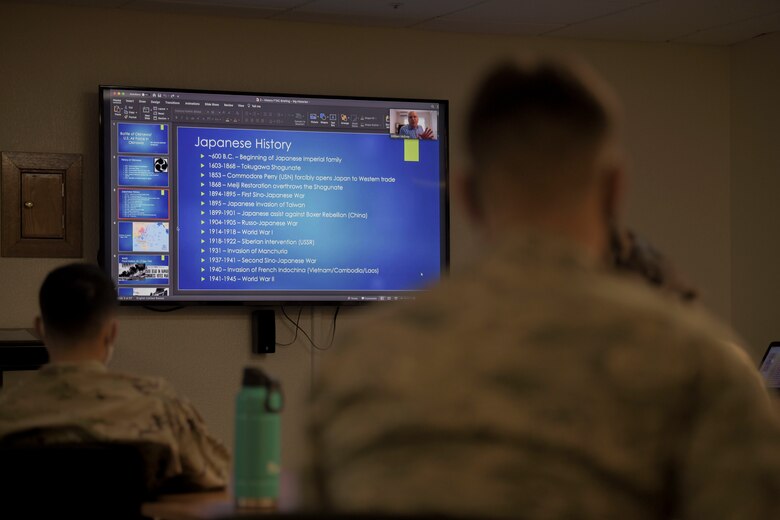 Mr. William McEvoy, 18th Wing base historian, teaches Okinawan and base history during a virtual lesson in the First Term Airmen Course, Aug. 5, 2020, at Kadena Air Base, Japan. Incoming Airmen are required to attend the First Term Airmen Course at their first assignment location. (U.S. Air Force photo by Airman 1st Class Rebeckah Medeiros)