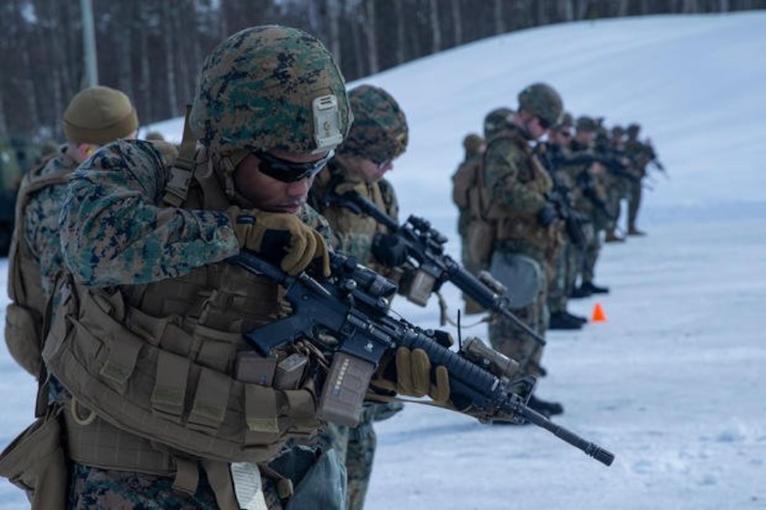 A U.S. Marine with Marine Rotational Force-Europe 20.1, Marine Forces Europe and Africa, conducts a brass check during a Combat Marksmanship Program (CMP) live-fire range in Setermoen, Norway, April 14, 2020. (U.S. Marine Corps photo/Nathaniel Q. Hamilton)