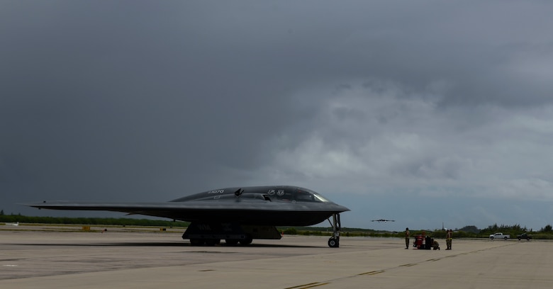 A B-2 Spirit Stealth Bomber arrives at Naval Support Facility Diego Garcia, Aug. 12, 2020. Three B-2 Spirits from Whiteman Air Force Base, Missouri, deployed to NSF Diego Garcia to support U.S. security commitments in the Indo-Pacific region. (U.S. Air Force photo by Tech. Sgt. Heather Salazar)