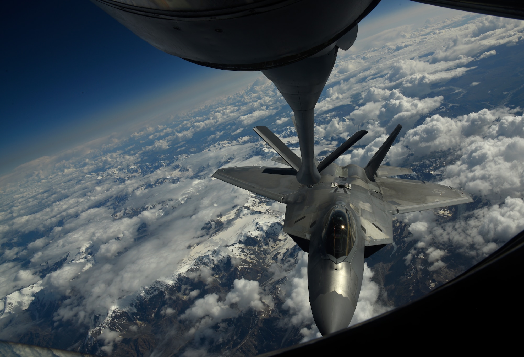 A U.S. Air Force F-22 Raptor from the 354th Fighter Wing prepares to be air refueled by a KC-135 Stratotanker from the 92nd Air Refueling Wing during field training exercise Red Flag Alaska 20-3, Aug. 5, 2020. The Indo-Pacific is a top priority for the United States, and the DoD through exercises like RFA 20-3, is committed to ensuring U.S. forces are capable and ready to face the evolving challenges in the region. (U.S. Air Force photo by Staff Sgt. Jesenia Landaverde)