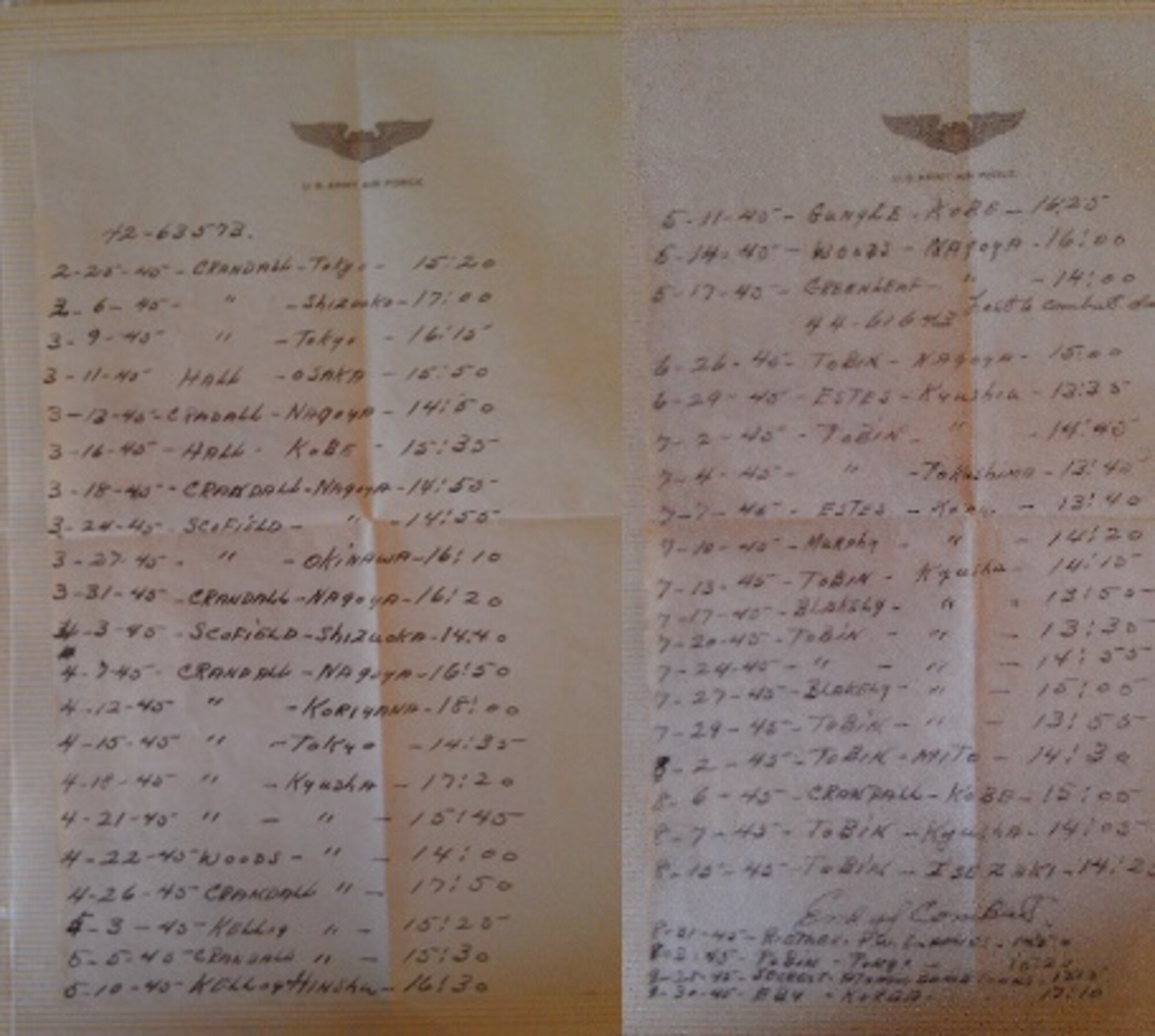 A log of the bombing operations.
