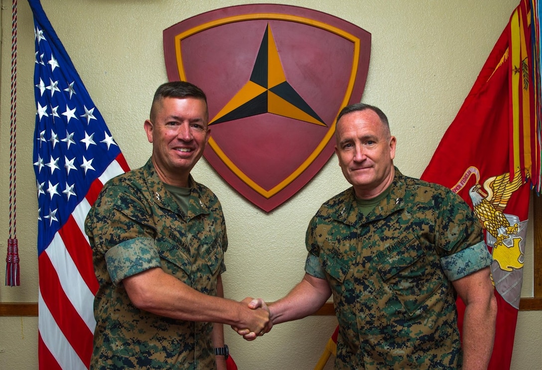 U.S. Marine Corps Maj. Gen. William M. Jurney, Commanding General, 3rd Marine Division, right, relinquished command to Maj. Gen. James Bierman at Camp Courtney, Okinawa, Japan, Aug. 13, 2020. (U.S. Marine Corps photo by Cpl. Savannah Mesimer)