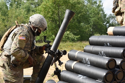 Soldiers from the 1st Battalion, 125th Infantry Regiment, Michigan Army National Guard, conduct Table 5 MORTEP mortar training at the All-Domain Warfighting Center, Camp Grayling, Michigan, August 10, 2020.