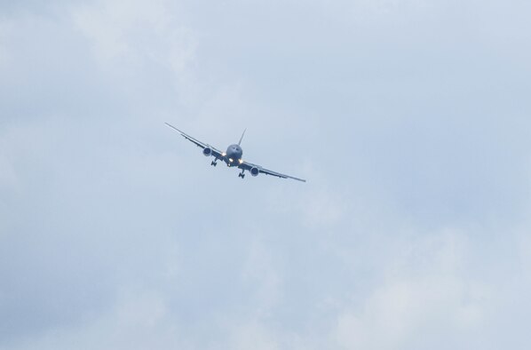 A KC-46 approaches the runway on Seymour Johnson AFB, Aug 5. 2020 after returning from McConnell AFB Kan