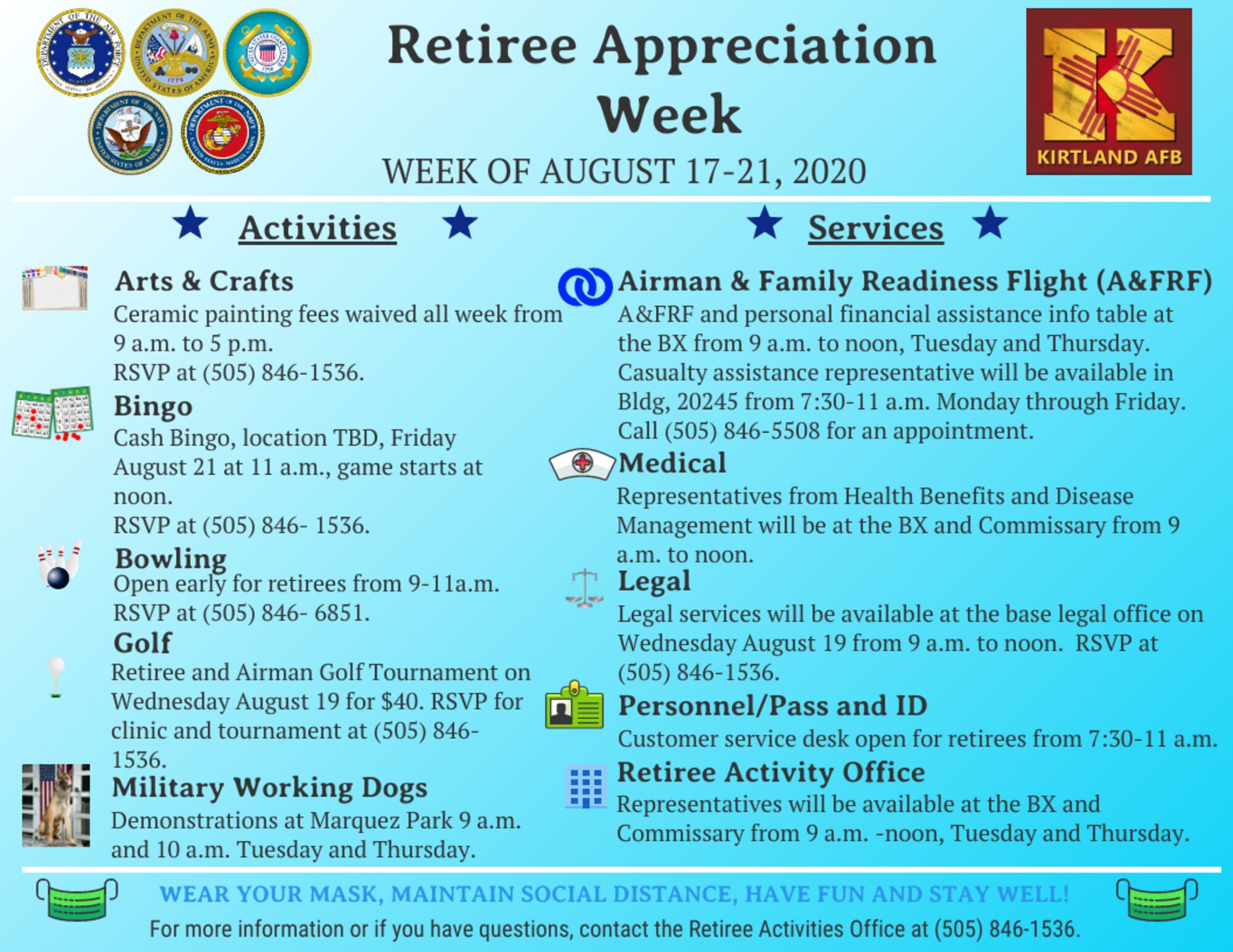 Infographic of KAFB Retiree Appreciation Week activities for Aug. 17-21, 2020
