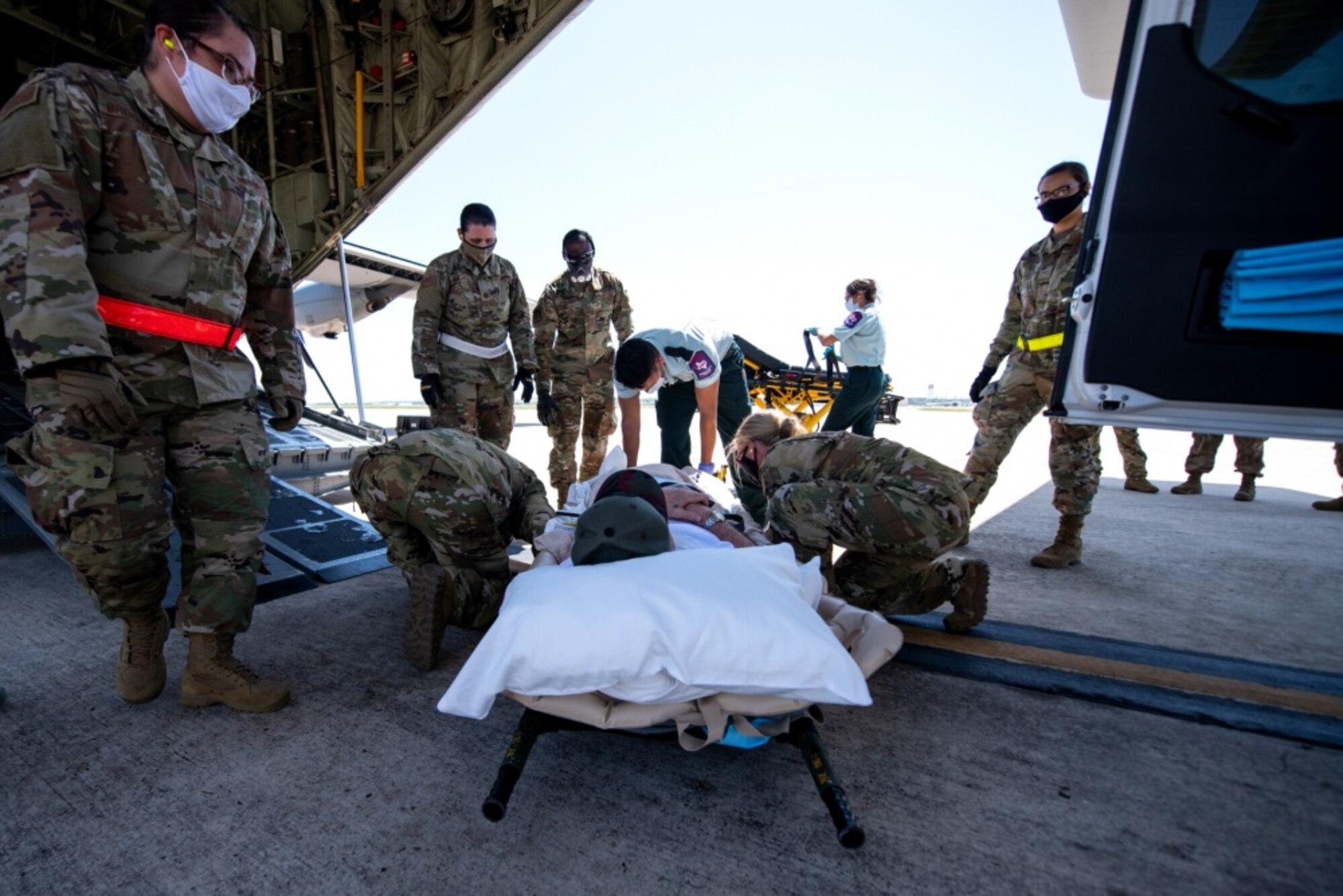 Airmen preparing for aeromedical evacuation.