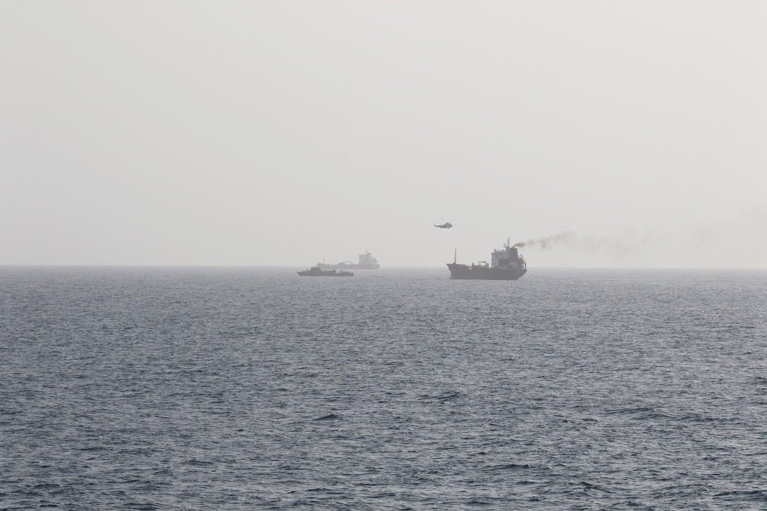 ARABIAN GULF (August 12, 2020) – Motor Tanker (M/T) Wila, a merchant vessel in international waters en-route to the UAE port of Khor Fakkan, in the Gulf of Oman, was boarded by armed Iranian personnel from both an Iranian Sea King helicopter and the Iranian auxiliary vessel Hendijan (1401).  Coalition Task Force Sentinel, the operational arm of the International Maritime Security Construct, is a multinational maritime effort which promotes maritime stability and safe passage, enhancing freedom of navigation throughout key waterways in the Arabian Gulf, Strait of Hormuz, Gulf of Oman, Gulf of Aden, Bab el-Mandeb Strait and Southern Red Sea. (Courtesy U.S. Navy photo)