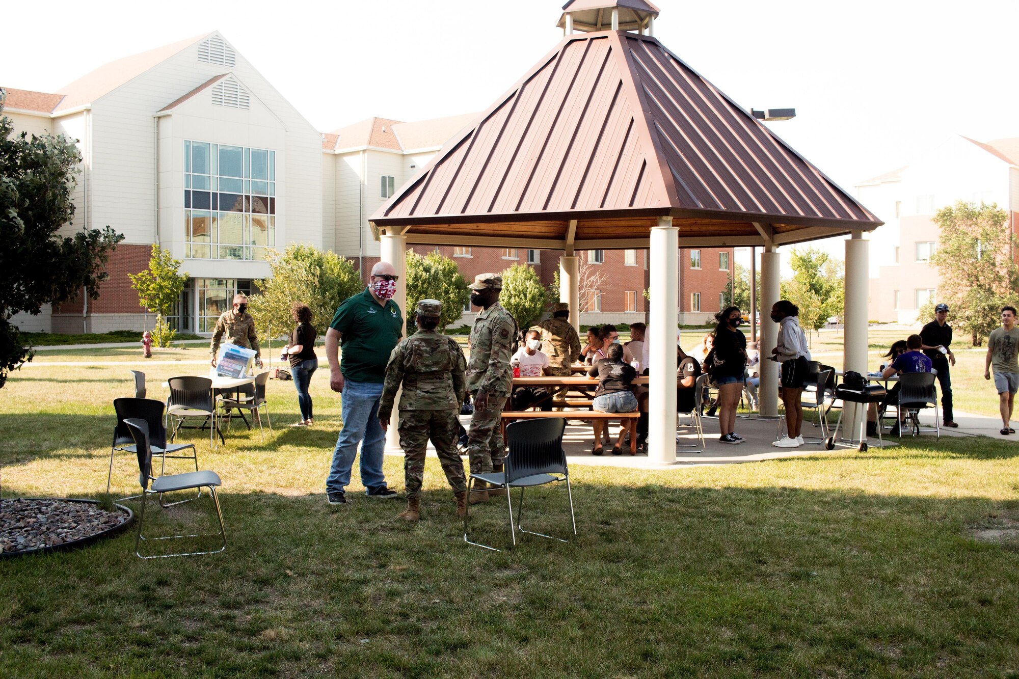 Team Minot Airmen, attend a dorm dinner at Minot Air Force Base, North Dakota, Aug. 12, 2020. The dorm dinners are hosted every second Wednesdays of the month by the Minot AFB Chaplain Corps. ( U.S. Air Force photo by Airman 1st Class Jan K. Valle)