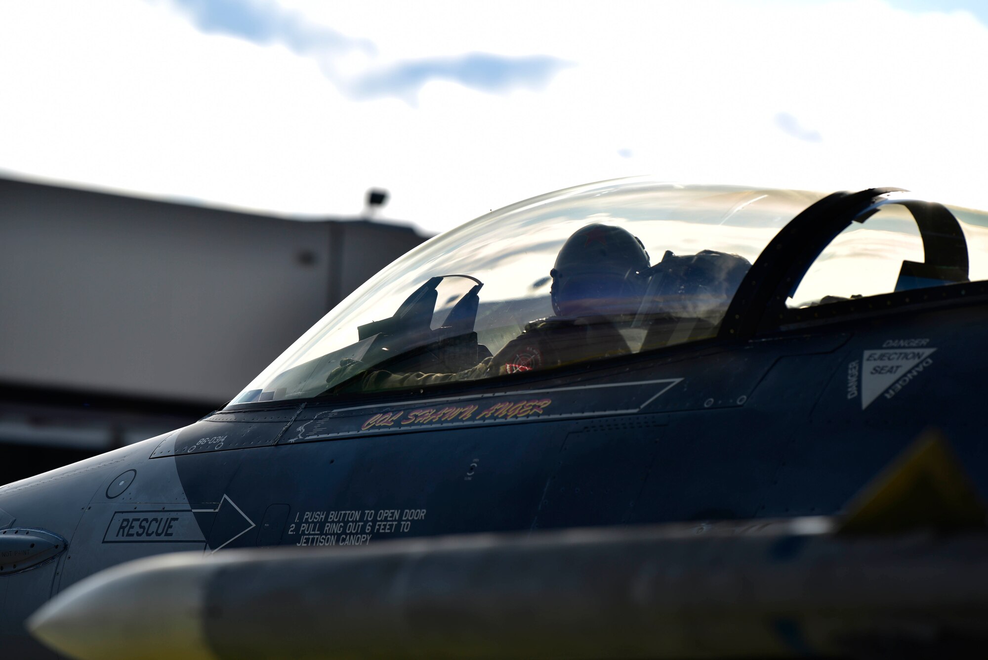 U.S. Air Force Col. Shawn E. Anger, the 354th Fighter Wing commander, taxis on the flight line Aug. 13, 2020, during his fini flight at Eielson Air Force Base, Alaska. Anger was responsible for providing realistic combat adversary training to United States and allied forces in air, space, and information operations via RED FLAG-Alaska. (U.S. Air Force photo by Senior Airman Beaux Hebert)