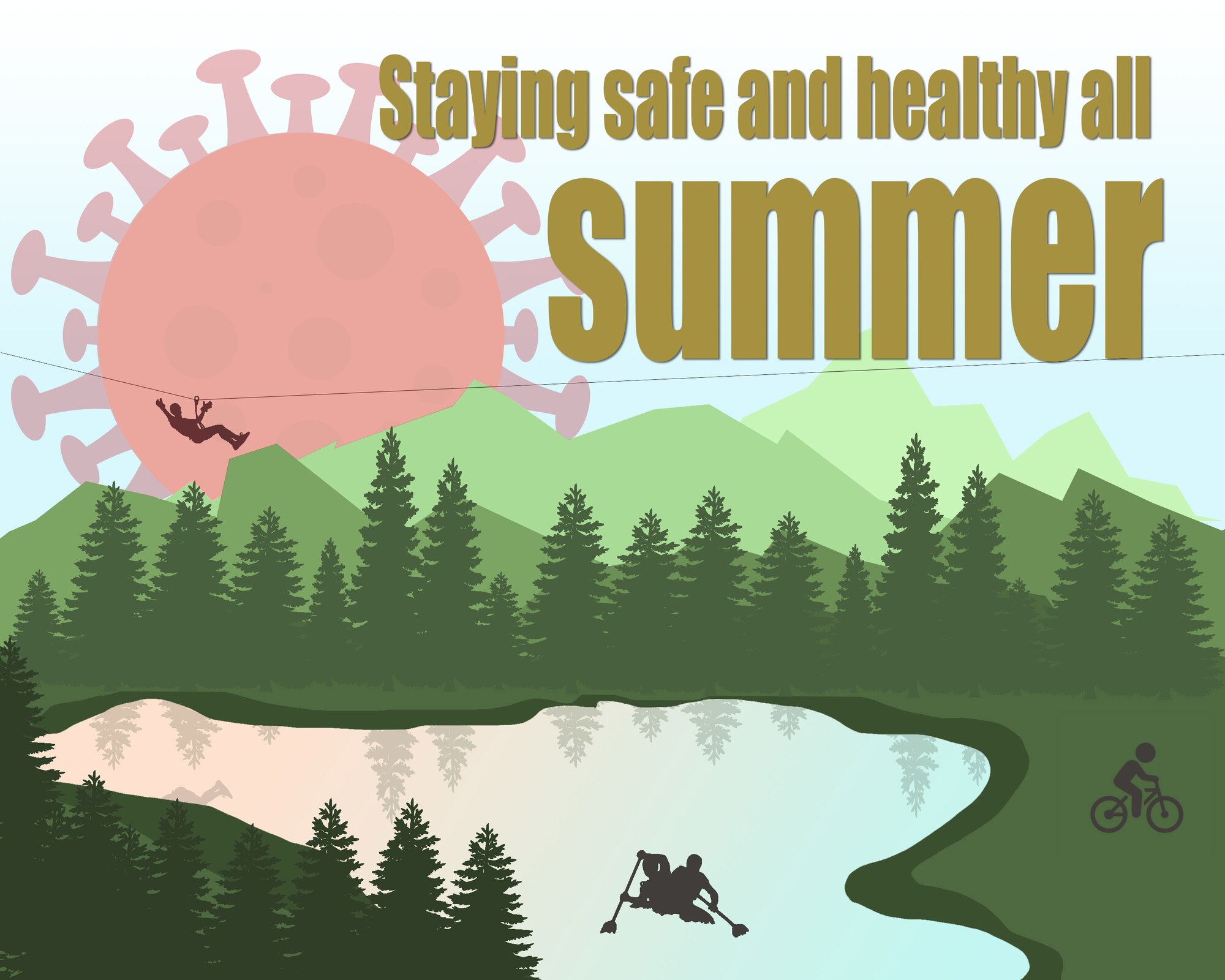 Graphic depicting a lake in the mountains and a corona sun with a zipline, boaters, and bicyclist.