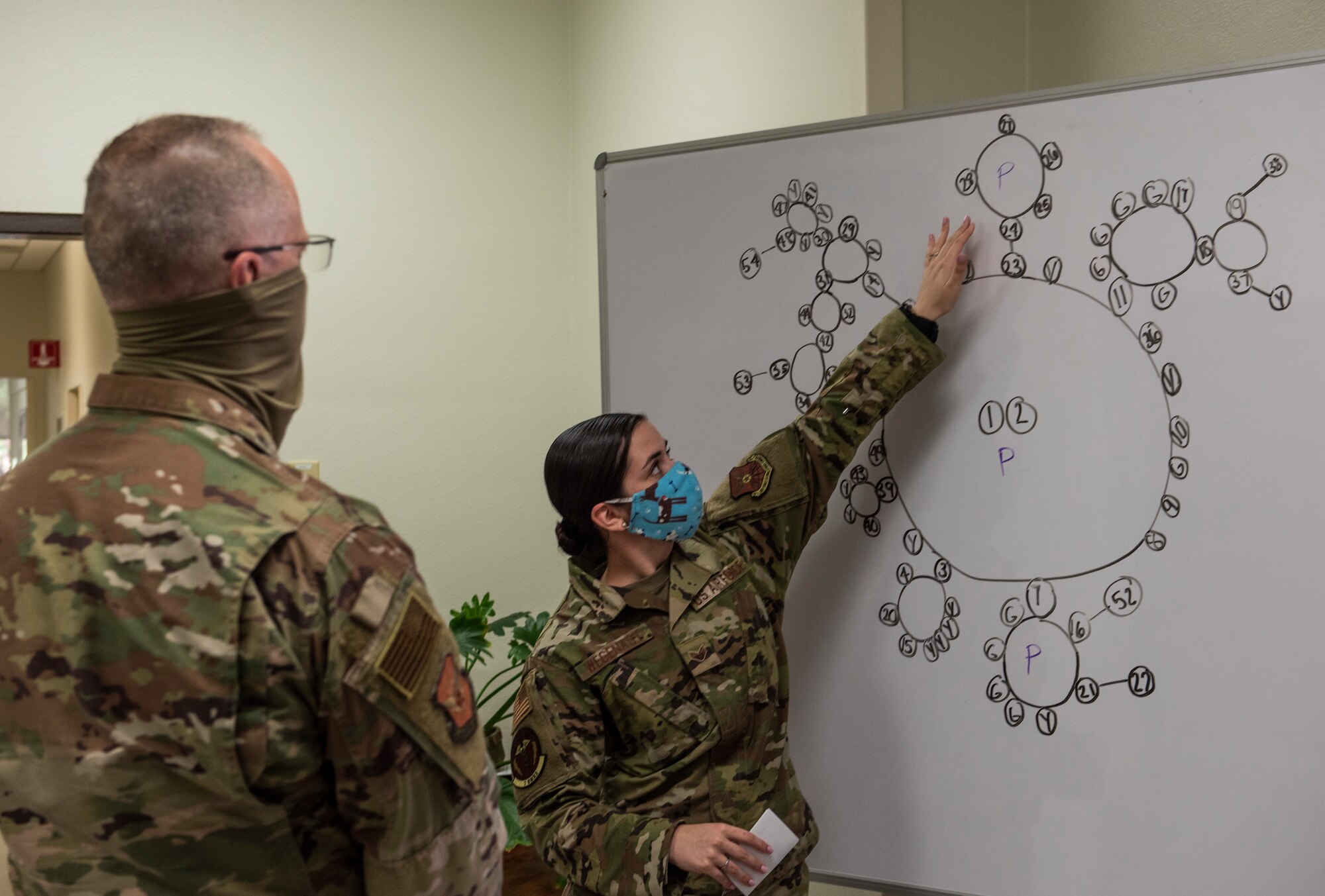 Senior Airman Abigail Wegenast, 7th Operational Medical Readiness Squadron public health technician, right, motions to a graph while briefing Maj. Gen. Mark Weatherington, 8th Air Force and Joint-Global Strike Operations Center commander, at Dyess Air Force Base, Texas, Aug. 11, 2020.