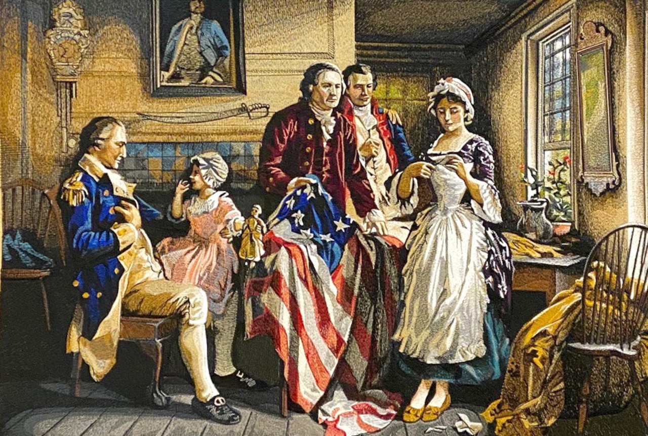 People lounge around an old-style American flag in a painting.
