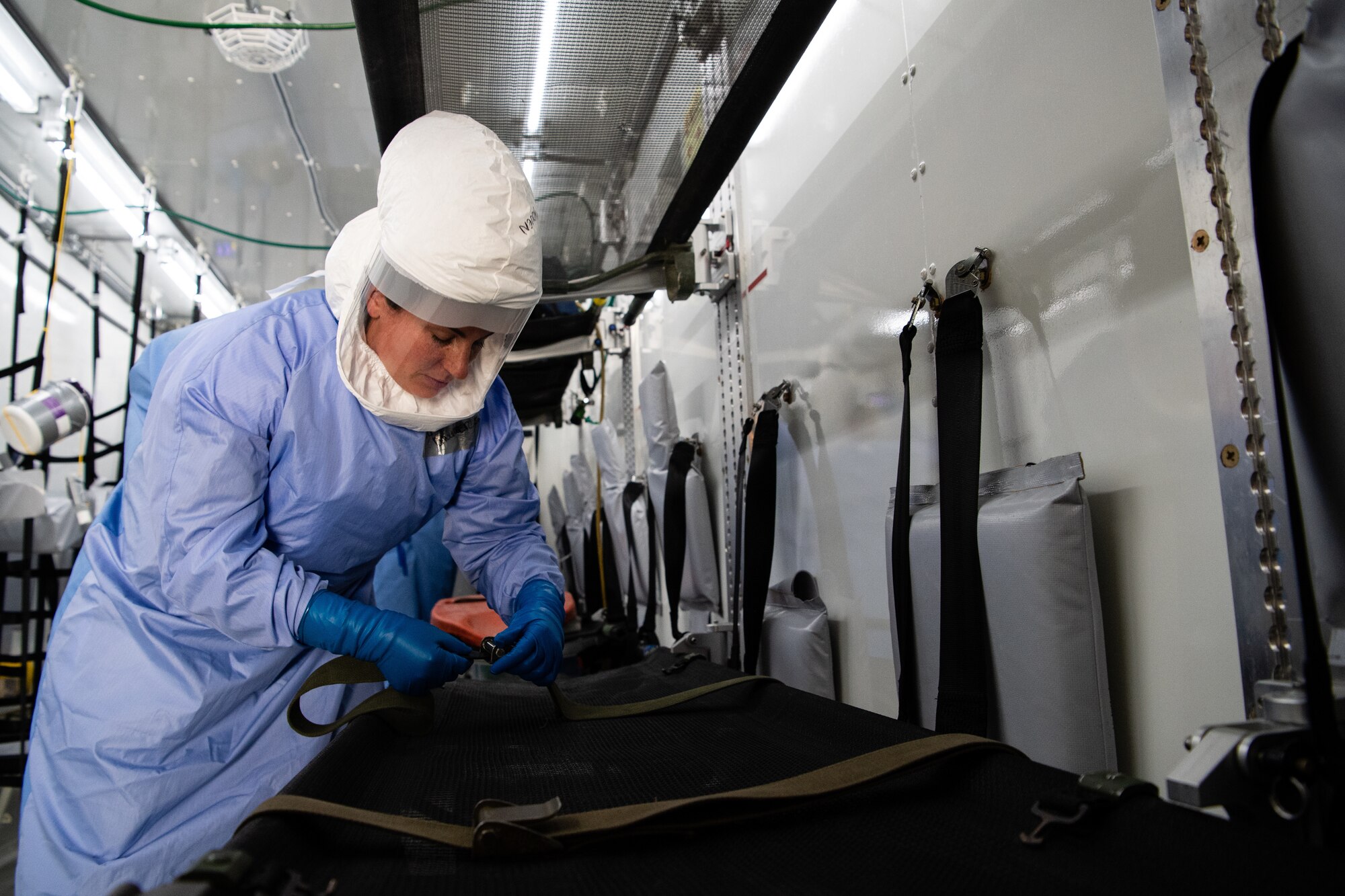 The NPC-Lite is the latest isolated containment chamber developed for intra-theater airlift of individuals with infectious diseases like COVID-19 and is designed to fit inside a C-130 Hercules aircraft.