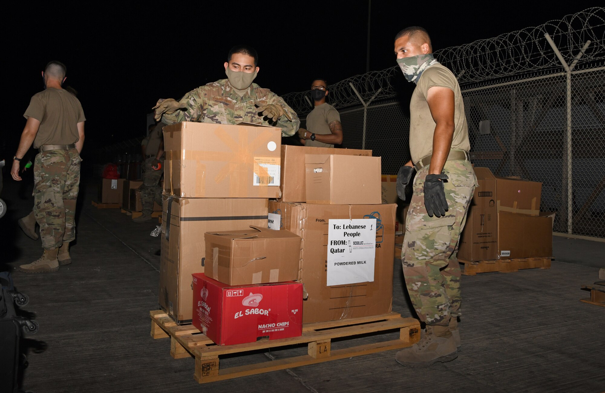 Donations of nonperishable food items, clothes, diapers, and toiletries were collected by military families and neighbors to benefit the people of Lebanon. U.S. Central Command and the Qatari military coordinated with Lebanese Armed Forces, U.S. Embassy-Beirut and USAID to transport critical supplies to support the needs of the Lebanese people.