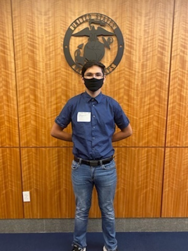 Joshua Cisneros poses for a photo after swearing the Oath of Enlistment July 24, 2020. Cisneros, 17, from Claxton, Georgia, is the third and youngest Cisneros sibling to enter the Delayed Entry Program with Recruiting Substation Statesboro, Recruiting Station Columbia, where he will train with his two older siblings for Marine Corps recruit training. (Courtesy Photo)