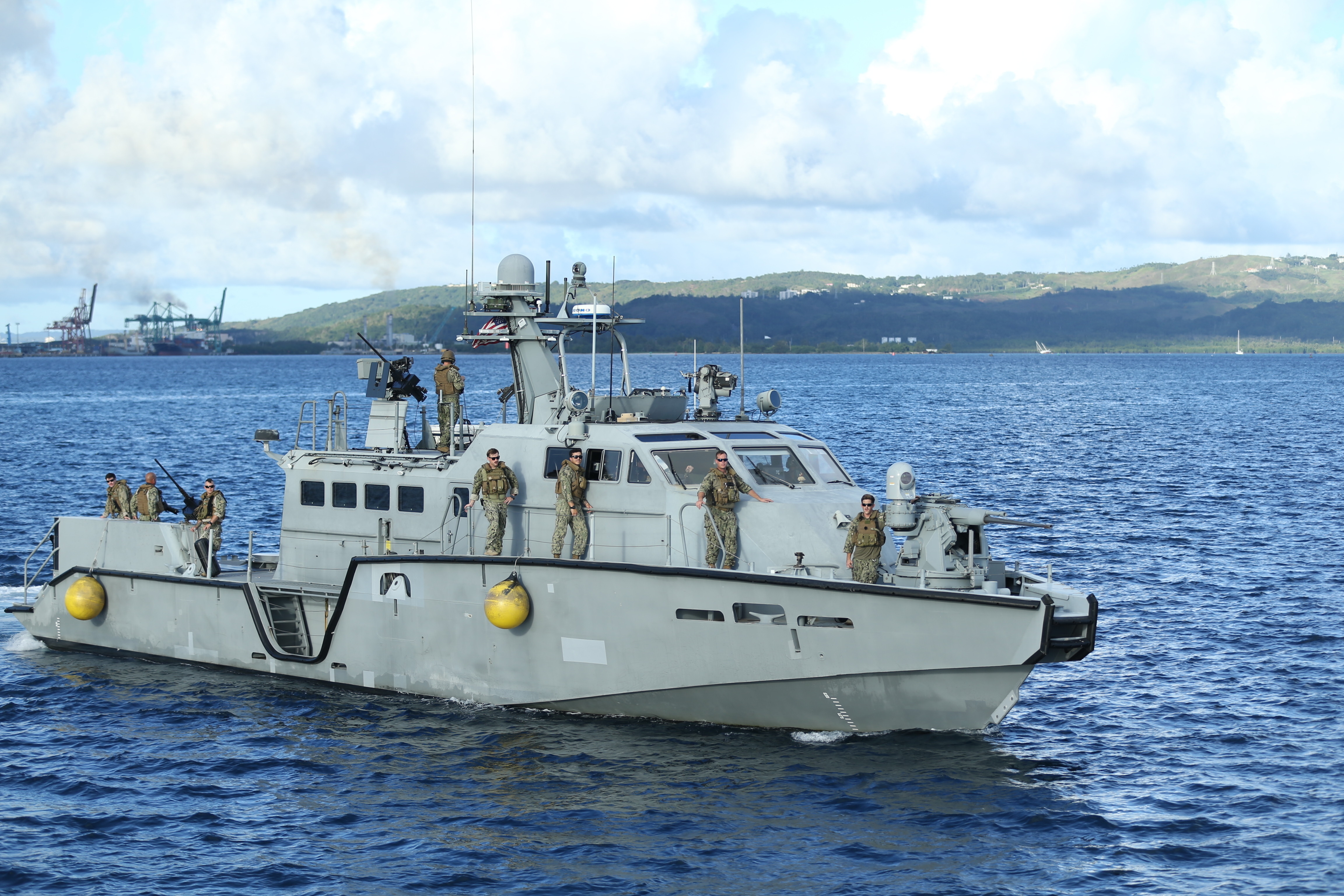 Sailors on a MK VI Patrol boat with Naval Costal Riverine Group 1 (CRG1) head out to sea during a joint training exercise on Naval Base Guam, July 22, 2019.