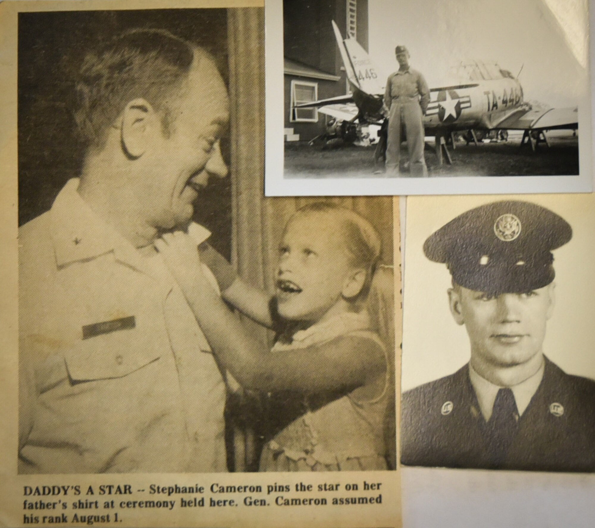 A collage of photos shared from Brig. Gen. Lyle Cameron's family spanning from his life. His daughter Stephanie pins on his star during his promotion ceremony to Brig. Gen. on Aug. 1, 1973, and a young Cameron with his Republic F-84 Thunderjet on July 26, 1951. (Courtesy photos)