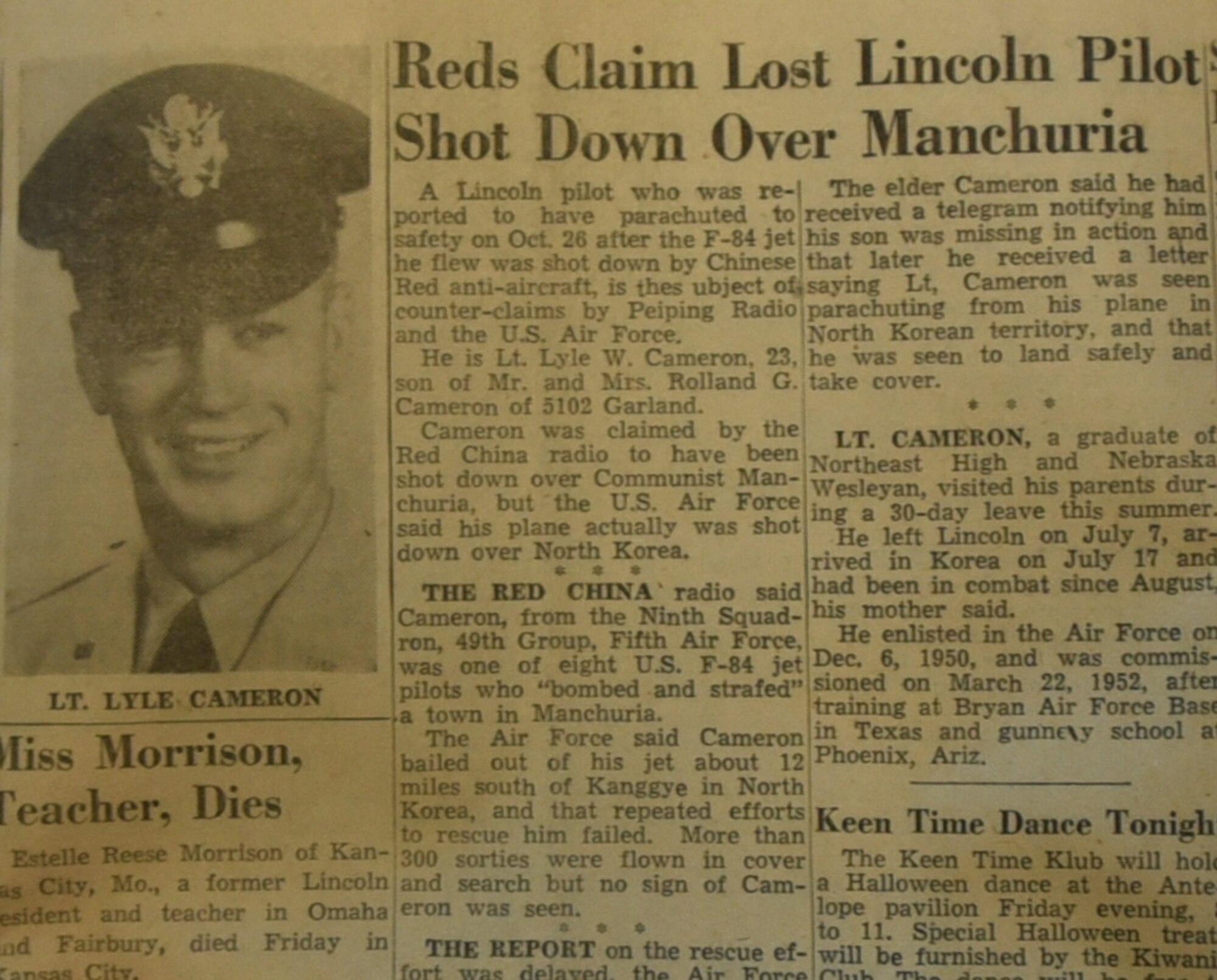 A news paper clip from an October 1952 Nebraska publication documenting the capture of then Second Lt. Lyle Cameron. Cameron’s F-84 aircraft was shot down over North Korea on October 26,1952 where he was held captive for 32 months at a prisoner of war camp in Mukden (Shenyang), China. (Courtesy photo)