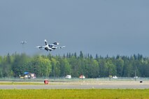 An F-16 Fighting Falcon from the 18th Aggressor Squadron takes off during RED FLAG-Alaska 20-3 Aug. 13, 2020 on Eielson Air Force Base, Alaska. The 18th AGRS serve as ‘red air’ during simulated aerial combat scenarios. (U.S. Air Force photo by Senior Airman Beaux Hebert)
