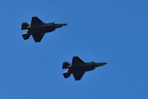 Two F-35A Lightning IIs fly over Eielson Air Force Base, Alaska, during RED FLAG-Alaska 20-3 Aug. 13, 2020. This iteration of RF-A was mainly centered fifth-generation aircraft to provide modern, up-to-date training scenarios. (U.S. Air Force photo by Senior Airman Beaux Hebert)