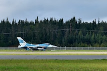 An F-16 Fighting Falcon from the 18th Aggressor Squadron takes off during RED FLAG-Alaska 20-3 on Eielson Air Force Base, Alaska, Aug. 13, 2020. The 18th AGRS mission during RF-A 20-3 is to know, teach, and replicate adversary threats while engaging in simulated air-to-air combat. (U.S. Air Force photo by Senior Airman Beaux Hebert)