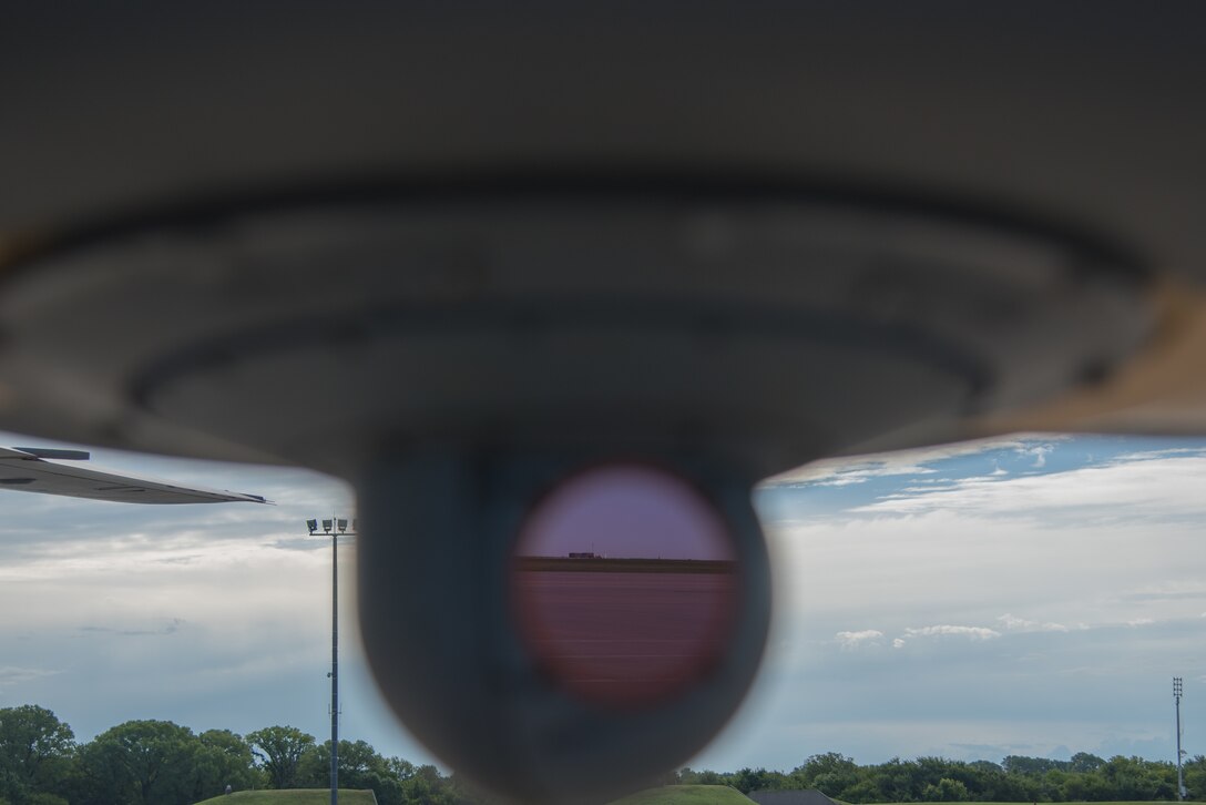 The Large Aircraft Infrared Counter-Measures system is attached to the underside of the KC-46A Pegasus Aug. 11, 2020, at McConnell Air Force Base, Kansas. The LAIRCM is a defense system for large transport aircraft that combines missile warning and infrared laser jammer systems to protect aircraft from infrared guided missiles. (U.S. Air Force photo by Airman 1st Class Marc A. Garcia)