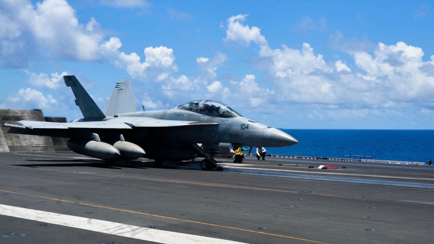 200814-N- KP021-0206 SOUTH CHINA SEA (August 14, 2020) An F/A-18F assigned to the “Diamondbacks” of Strike Fighter Squadron (VFA) 102 launches off the flight deck of America’s only forward-deployed aircraft carrier USS Ronald Reagan (CVN 76)  while conducting operations in the South China Sea. Ronald Reagan, the flagship of Carrier Strike Group 5, provides a combat-ready force that protects and defends the United States, as well the collective maritime interests of its allies and partners in the Indo-Pacific region. (U.S. Navy photo by Mass Communication Specialist 2nd Class Codie L. Soule)