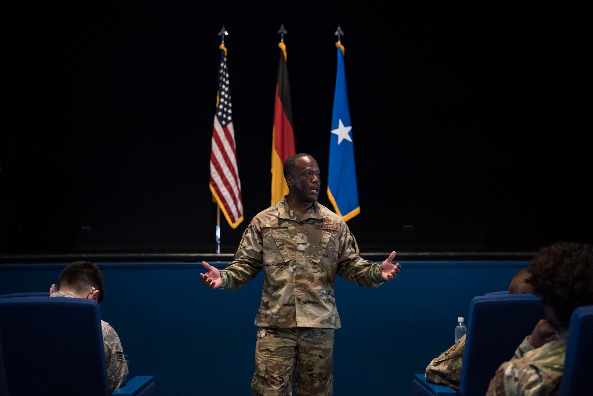 U.S. Air Force Brig. Gen. Ronald E. Jolly, Headquarters U.S. Air Forces in Europe – Air Forces Africa engineering and force protection director of logistics, speaks with Airmen during a forum.