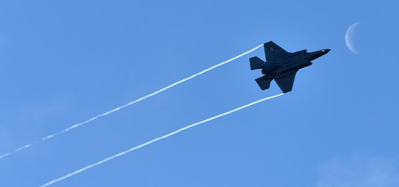 An F-35 Lightning II flys over Eielson Air Force Base, Alaska, at midday during RED FLAG-Alaska 20-3 Aug. 13, 2020. The F-35 is the most advanced fighter in the U.S. Air Force's inventory and Eielson is the first Air Force base in the pacific theatre to receive them. (U.S. Air Force photo by Senior Airman Beaux Hebert)