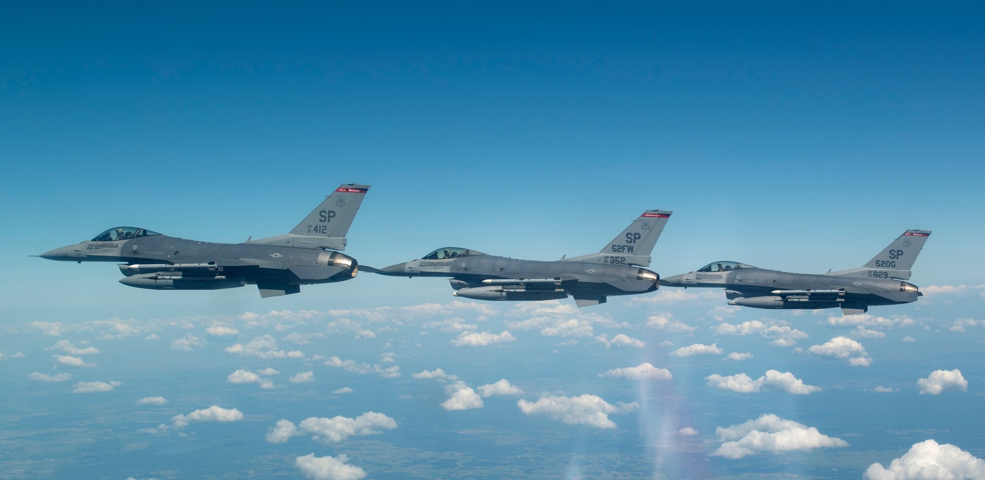 U.S. Air Force F-16 Fighting Falcons, assigned to the 480th Expeditionary Fighter Squadron, return to Lask Air Base, Poland after participating in Polish Armed Forces Day at Warsaw, Poland, August 15, 2020. The U.S. values their strong bilateral relationship with Poland and were honored to participate in the day’s ceremony and flyover. (U.S. Air Force photo by Senior Airman Chanceler Nardone)