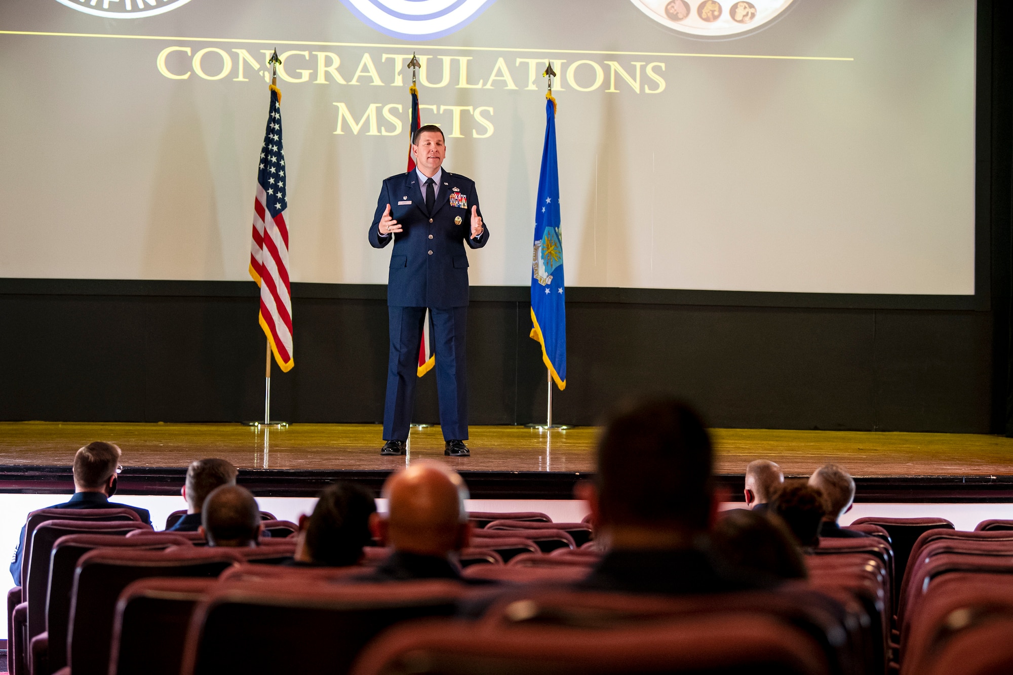 Col. Kurt Wendt, 501st Combat Support Wing commander, speaks during a senior noncommissioned officer induction ceremony at RAF Alconbury, England, Aug. 14, 2020. The ceremony honored and celebrated the Airmen who have earned the rank of Master Sgt. (U.S. Air force photo by Senior Airman Eugene Oliver)