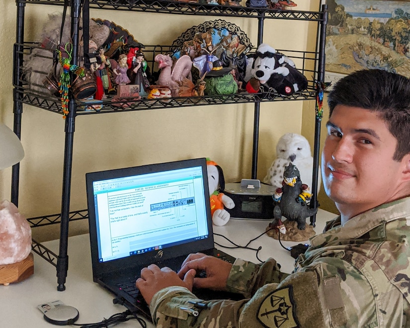 U.S. Army Reserve Sgt. Adam Smith poses for a photo during his unit's virtual battle assembly Aug. 9, 2020.