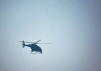 A helicopter, assigned to United Arab Emirates Joint Aviation Command, participates in an air operations in support of maritime surface warfare exercise in the Arabian Gulf Aug. 11, 2020. Integration operations between UAE and U.S. maritime forces are regularly held to maintain interoperability and the capability to counter threats posed in the maritime domain, ensuring freedom of navigation and free flow of commerce throughout the region’s heavily trafficked waterways.