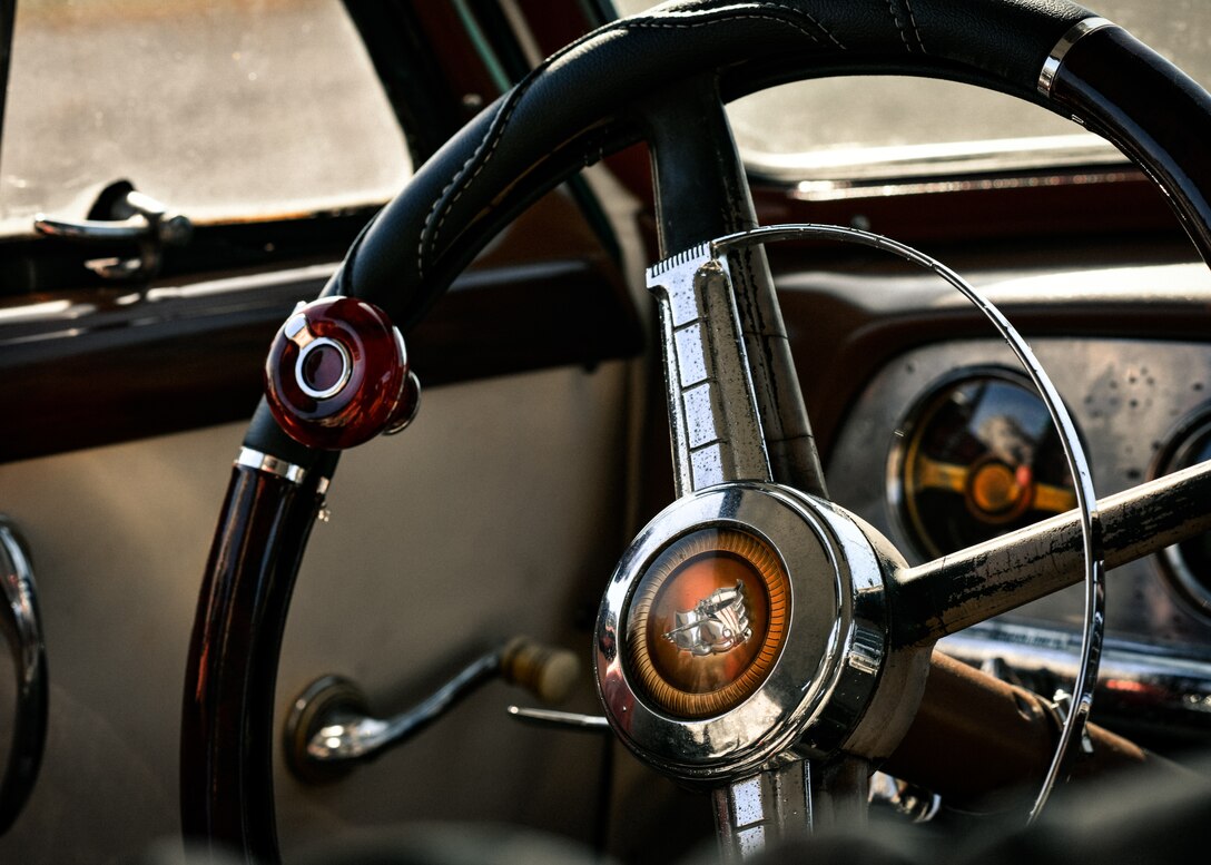 A 1949 Plymouth steering wheel is photographed on October 15, 2019, at Youngstown Air Reserve Station. The ‘49 Plymouth is owned by Senior Airman Noah Tancer, a public affairs specialist with the 910th Airlift Wing. Tancer along with a handful of family members spent over three years restoring the car after Tancer purchased it for $1,000 upon graduating from high school.
