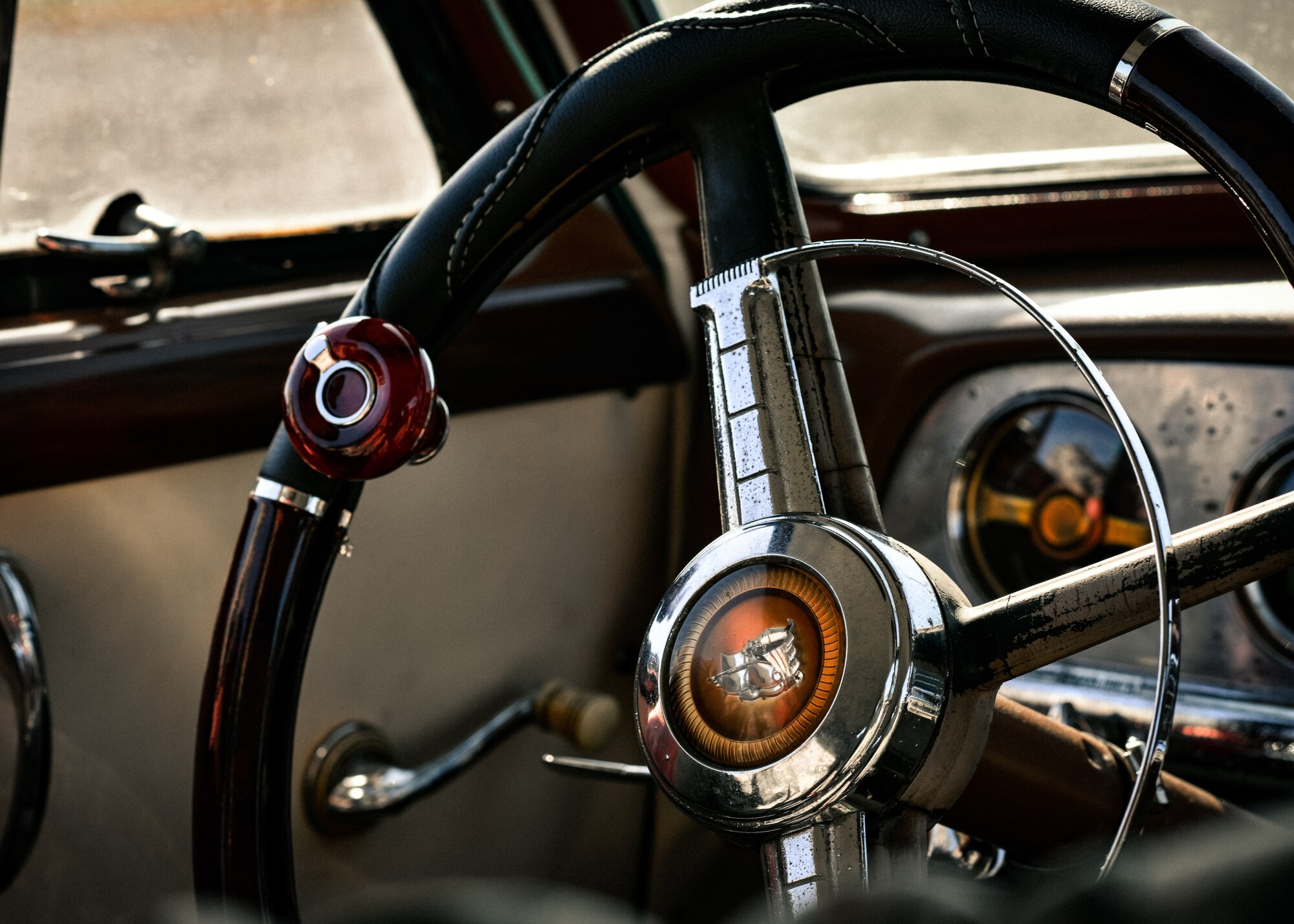 A 1949 Plymouth steering wheel is photographed on October 15, 2019, at Youngstown Air Reserve Station. The ‘49 Plymouth is owned by Senior Airman Noah Tancer, a public affairs specialist with the 910th Airlift Wing. Tancer along with a handful of family members spent over three years restoring the car after Tancer purchased it for $1,000 upon graduating from high school.