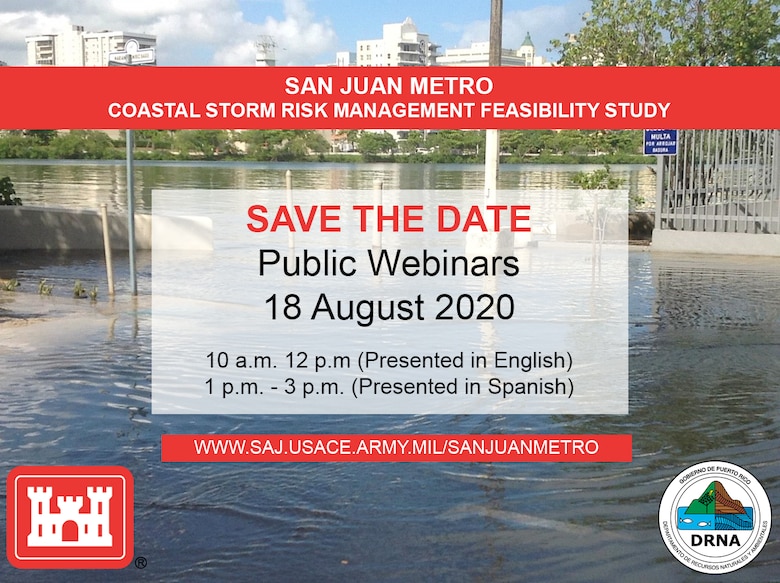 text of the webinar info with the background of San Juan flood, USACE logo on the left and Dept of Natural Resources logo on the right.