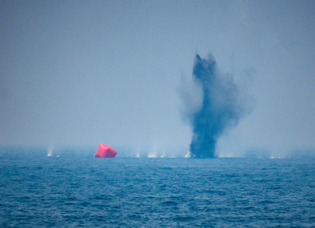 ARABIAN GULF (Aug. 11, 2020). An inflatable target takes fire from an AC-130W Stinger II gunship, attached to Special Operations Command Central, during an air operations in support of maritime surface warfare exercise with United Arab Emirates Joint Aviation Command forces in the Arabian Gulf Aug. 11, 2020. Integration operations between UAE and U.S. maritime forces are regularly held to maintain interoperability and the capability to counter threats posed in the maritime domain, ensuring freedom of navigation and free flow of commerce throughout the region’s heavily trafficked waterways. (U.S. Army photo by Staff Sgt. Timothy Clegg)