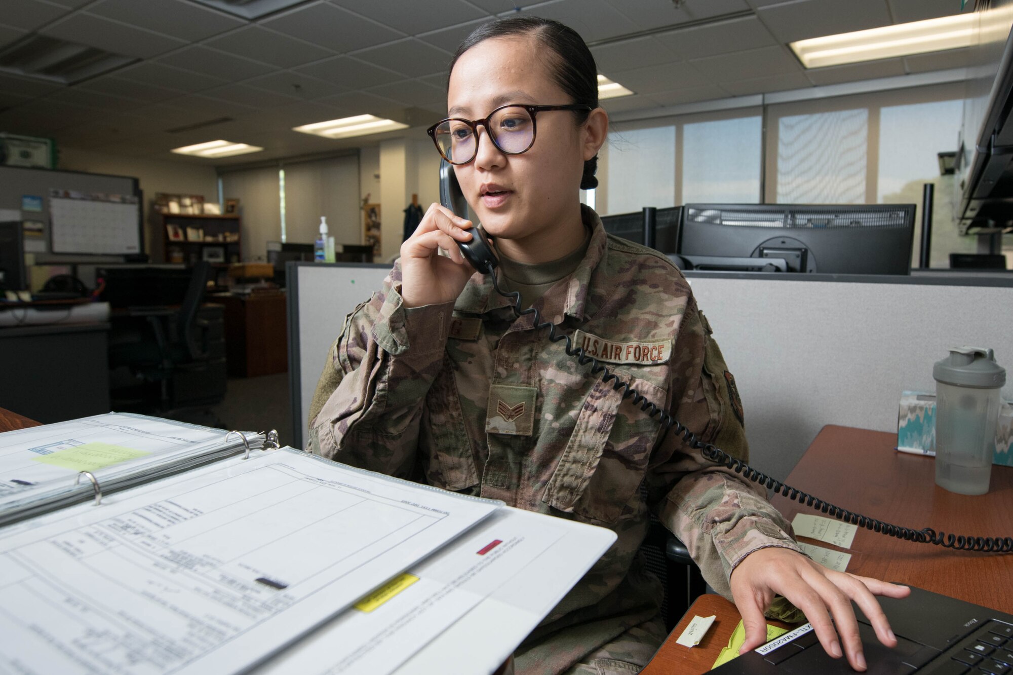 Senior Airman Mona Gorung, 436th Comptroller Squadron budget analyst, updates budget spreadsheets July 28, 2020 at Dover Air Force Base, Del. The squadron supports Air Mobility Command’s worldwide mobility requirements through funds disbursement, travel order processing and deployment of personnel. (U.S. Air Force Photo by Mauricio Campino)