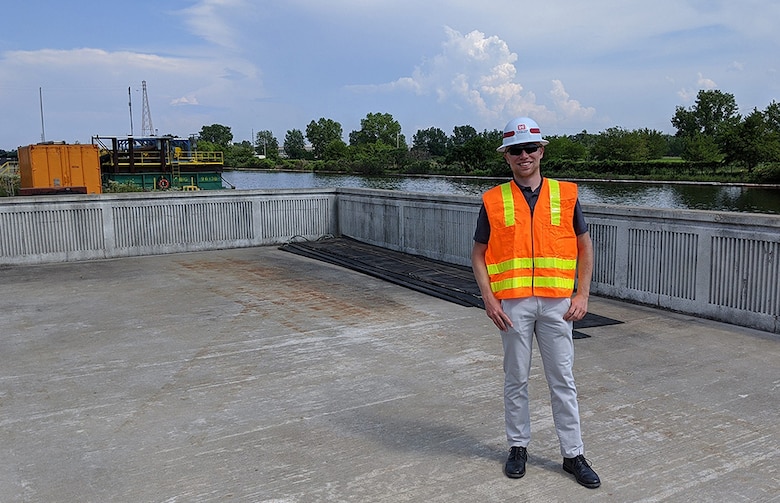 Ryan Day, summer hire, on a site visit at the Indiana Harbor confined disposal facility in East Chicago, Indiana.