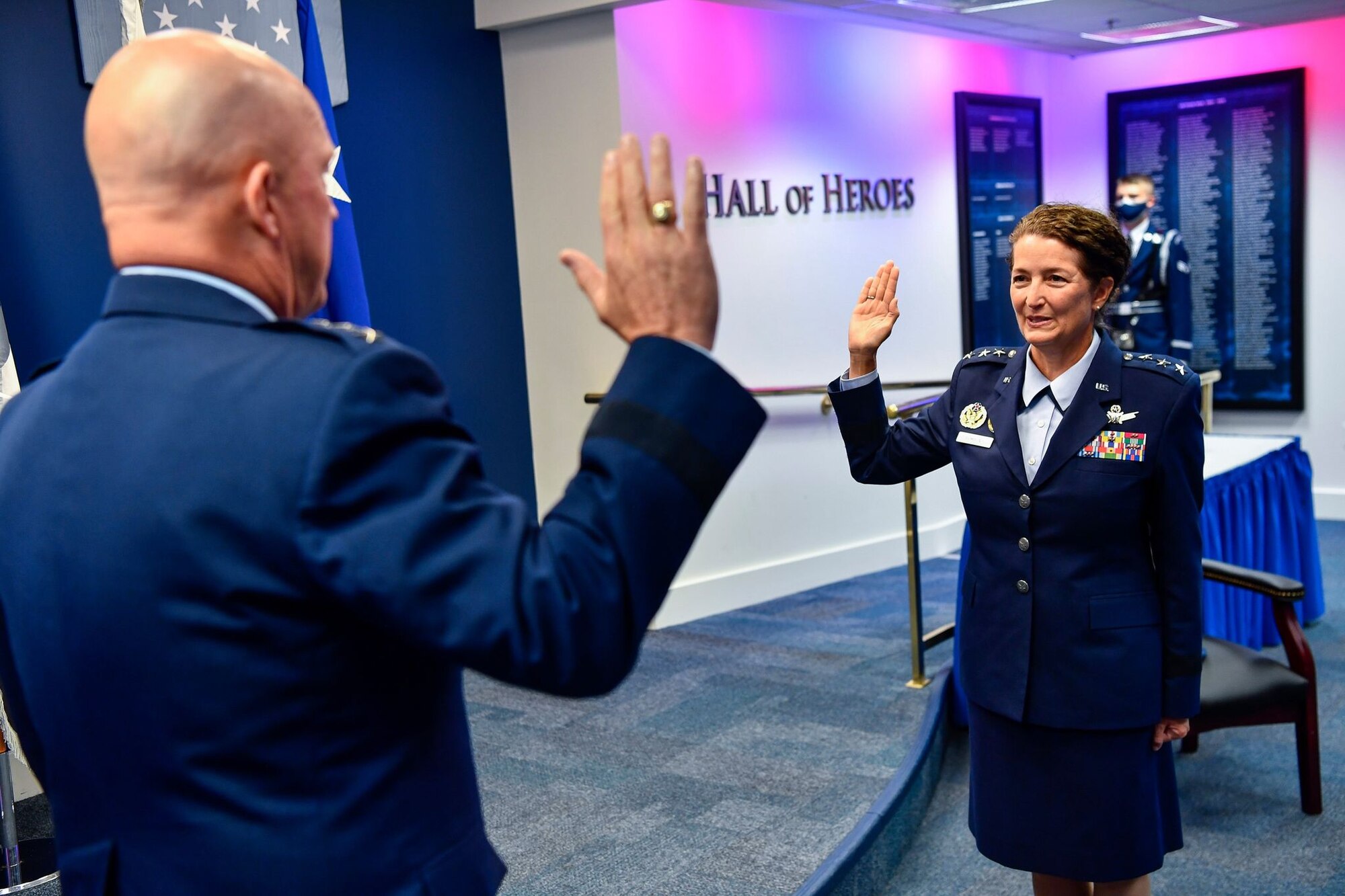 Lt. Gen. Nina M. Armagno recites the oath of office with Chief of Space Operations Gen. John W. Raymond during her promotion ceremony at the Pentagon, Arlington, Va., Aug. 17, 2020. Armagno transferred from the Air Force to Space Force during the ceremony. (U.S Air Force photo by Eric Dietrich)