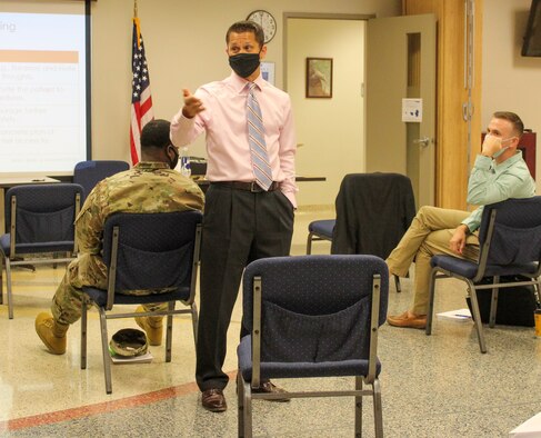 Kent Corso, University of Utah adjunct faculty at the National Center for Veteran Studies, speaks to mental health providers at Peterson Air Force Base Aug. 14, 2020, during the cognitive behavioral therapy for suicide prevention training. Corso said it’s important to ensure unqualified citizens don’t attempt to play the role of psychologist to someone who is suicidal. (U.S. Air Force photo by Marcus Hill)