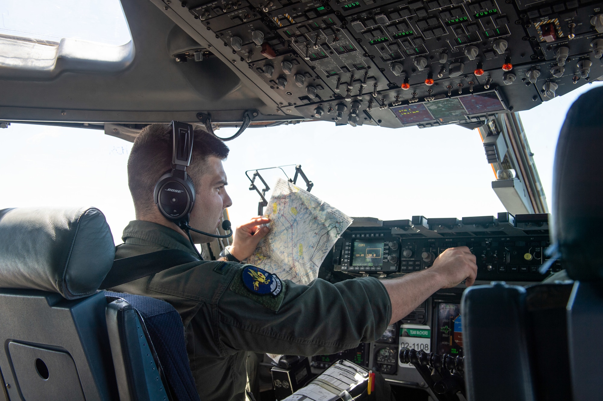 1st Lt. Dustin Roemer, 8th Airlift Squadron pilot flies a C-17 Globemaster III