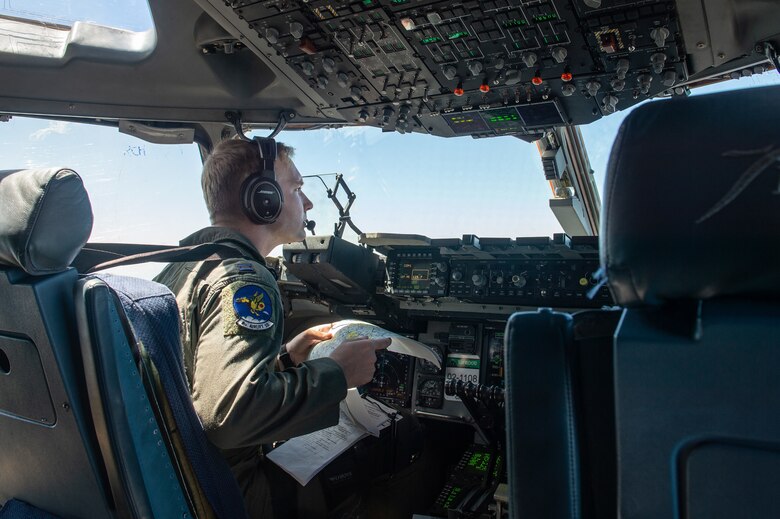 Capt. David Forrest, 8th Airlift Squadron pilot flies a C-17 Globemaster III