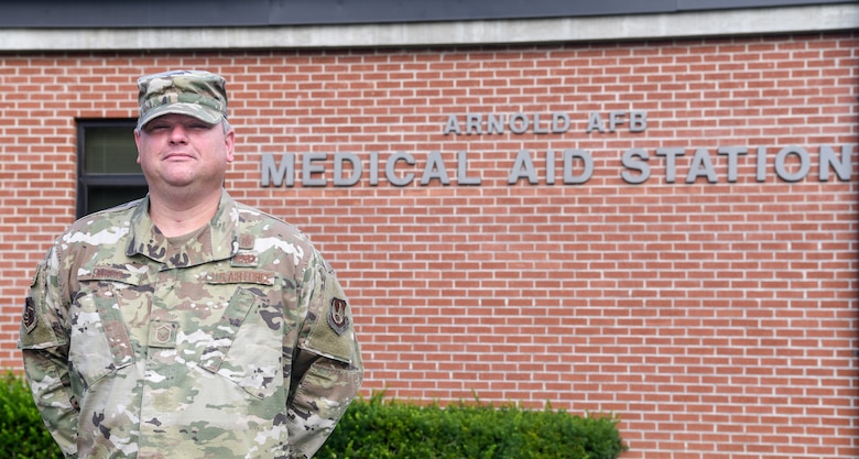 Master Sgt. Joshua Suggs is the branch chief for the Medical Aid Station at Arnold Air Force Base. He delayed his retirement when the COVID-19 pandemic increased the unit's workload. (U.S. Air Force photo by Jill Pickett)