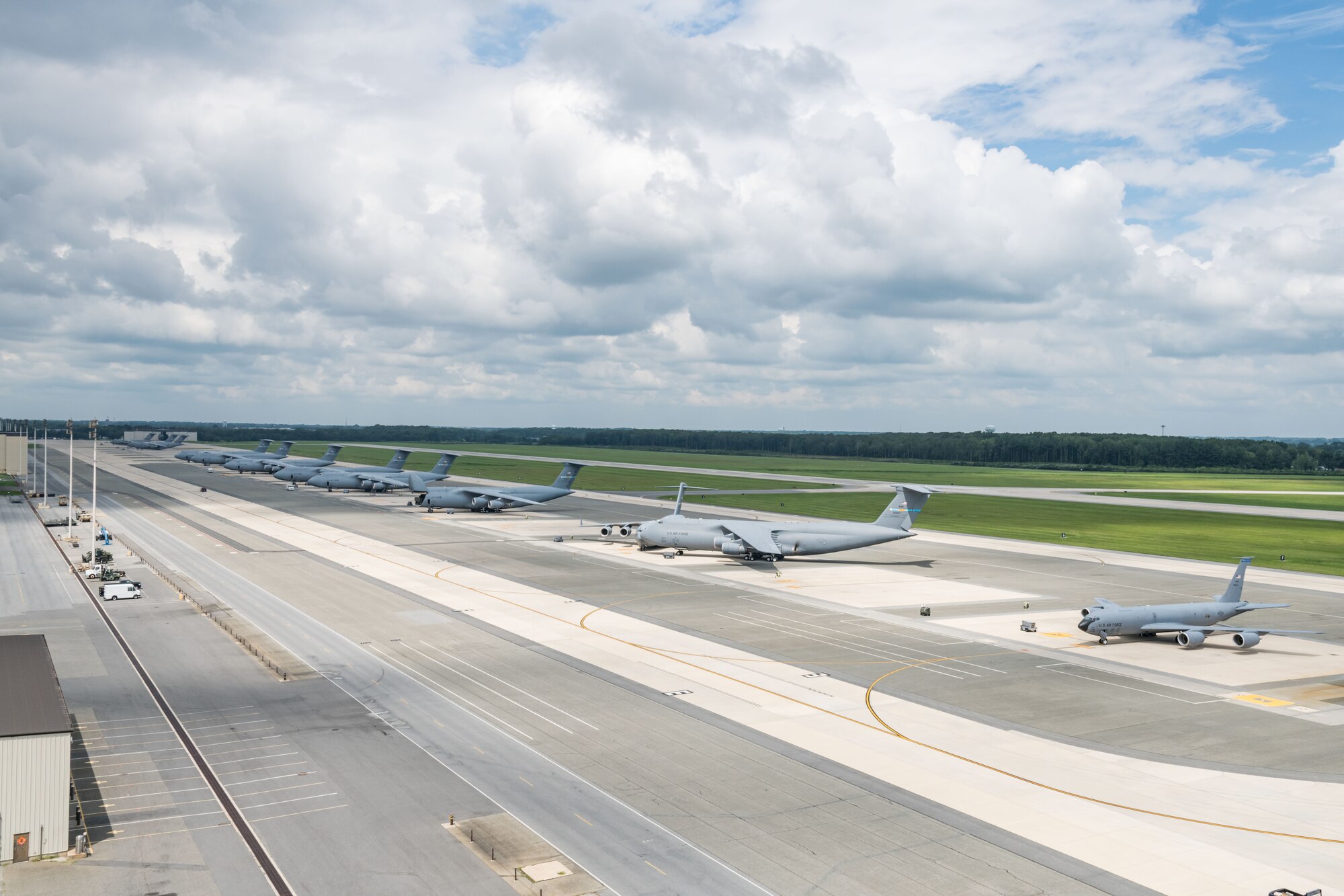 A view from the air traffic control tower of the flight line after aircraft returned following Tropical Storm Isaias, at Dover Air Force Base, Delaware, Aug. 14, 2020. Dover AFB evacuated 14 aircraft in less than 24 hours, ensuring sustained readiness for the base's rapid global airlift mission. (U.S. Air Force photo by Roland Balik)
