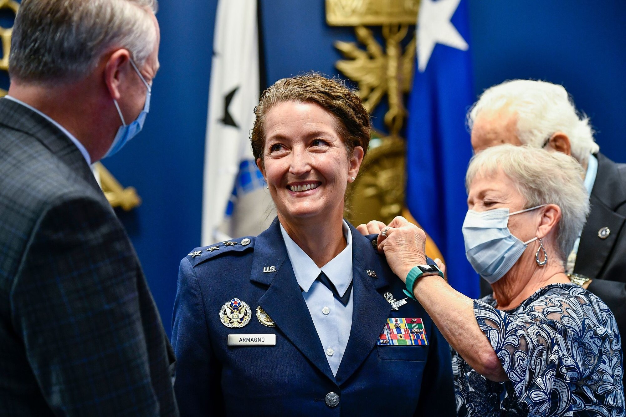 Lt. Gen. Nina Armagno became the first female officer to promote to three-star general and transfer into the U.S. Space Force during a ceremony at the Pentagon, Aug. 17. 2020. Armagno will serve as the director of staff for Headquarters U.S. Space Force, where she will oversee day to day staff operations to include establishment activities for the new service.
