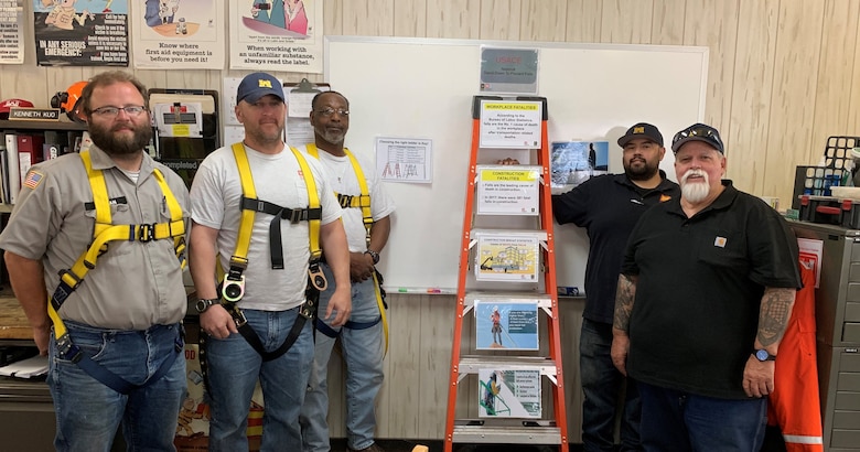 Sacramento District’s Bryte Yard teammates Greg Jerman, James Helm, Tony Theard, Vince Diaz and Mike Guidry fashion a ladder as a base for a fall prevention safety display. The display is used to remind workers of the importance of preventing falls in the construction industry. The Sacramento District maintenance yard, located in the West Sacramento community of Bryte, is home to the team of craftsmen with skills in vessel and heavy equipment operation, carpentry, electrical, pipefitting, plumbing, metal fabrication, welding. The Bryte Yard Team will be participation in the virtual 7th Annual Safety Stand-Down set for Sept. 14 -18.